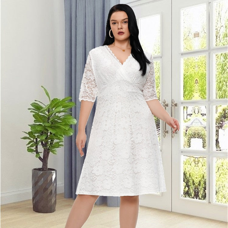 Plus Size Cocktail Dress Short Sleeves Lace