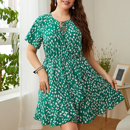 Plus Size Short Sleeve Green Printed Dress