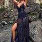 Dora Sexy Deep V Plunge Lace Up Sequined Gown