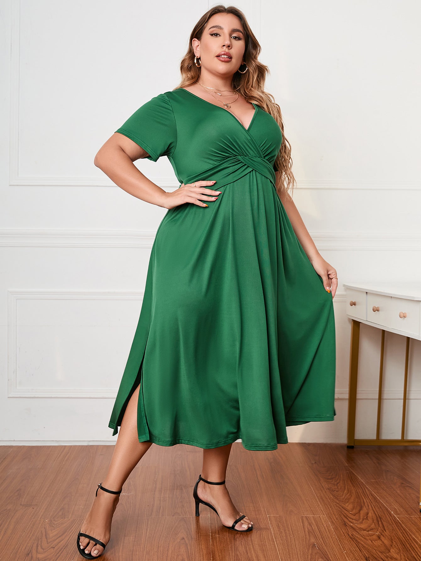 Semi Formal Green V Neck Plus Size Dress