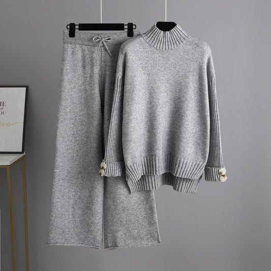 High Collar Solid Knit Set