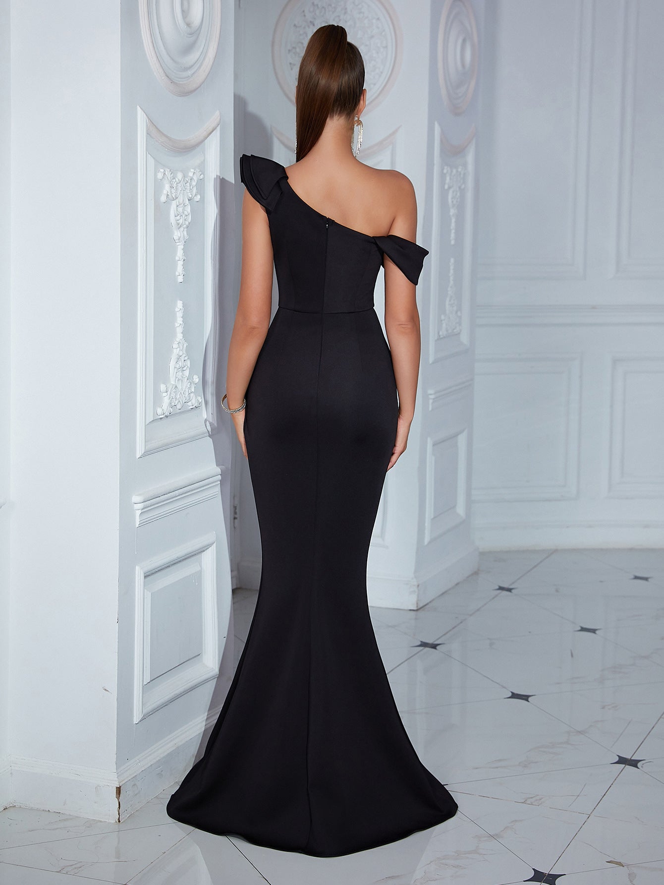 One Shoulder Ruffled Black Evening Dress