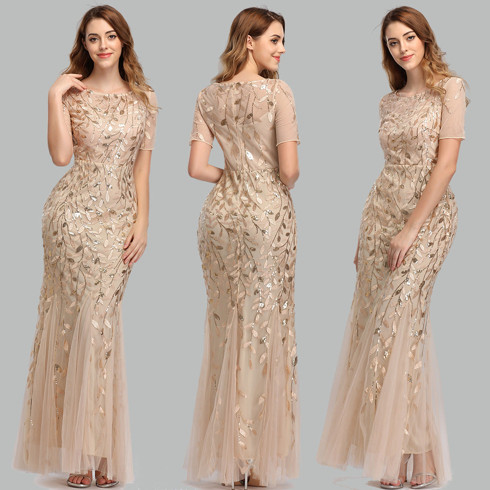 Priyanka Short Sleeves Mesh Sequined Evening