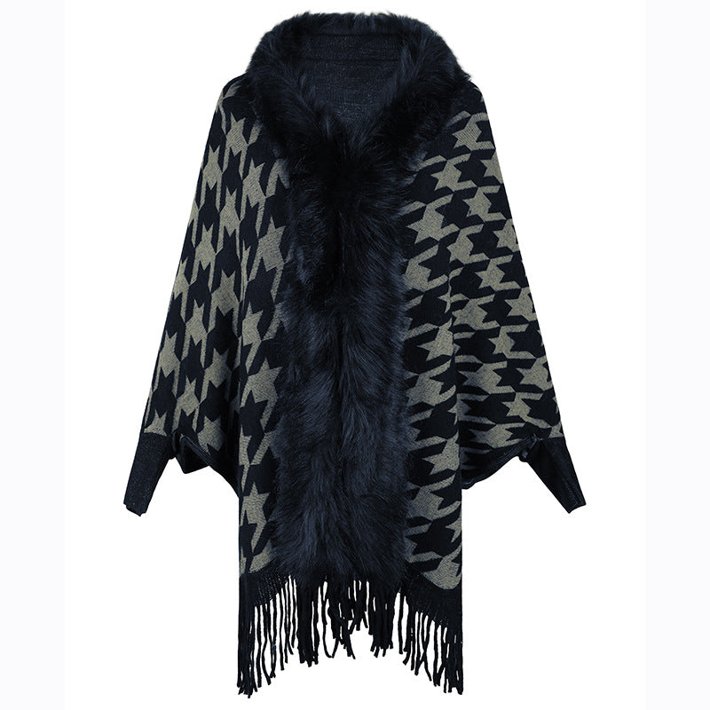 Tassel Cloak Houndstooth Fur Collar