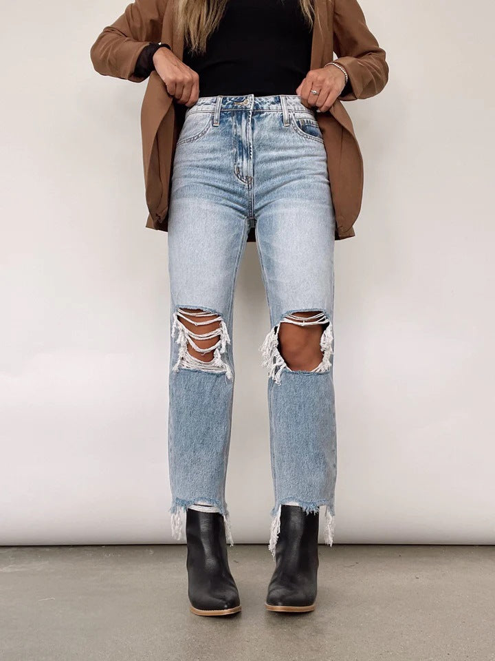 High Waist Ripped Straight Jeans