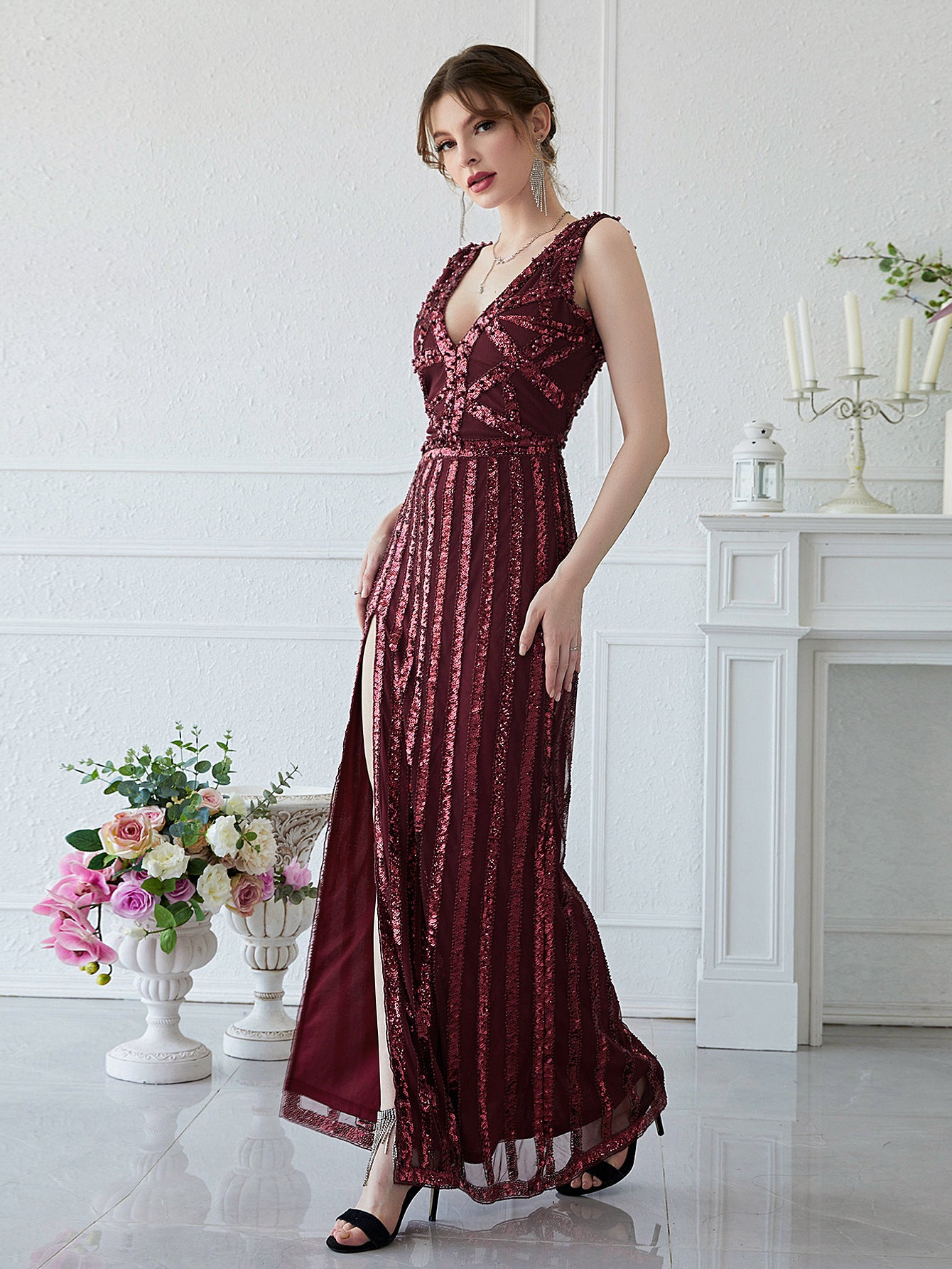 Burgundy Elegant Sequined Formal Gown