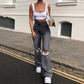 Stretch Slim Knee Hole Bell-Bottom Pants