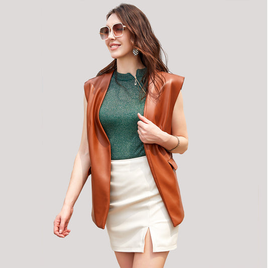 Sleeveless Faux Leather Cardigan Vest