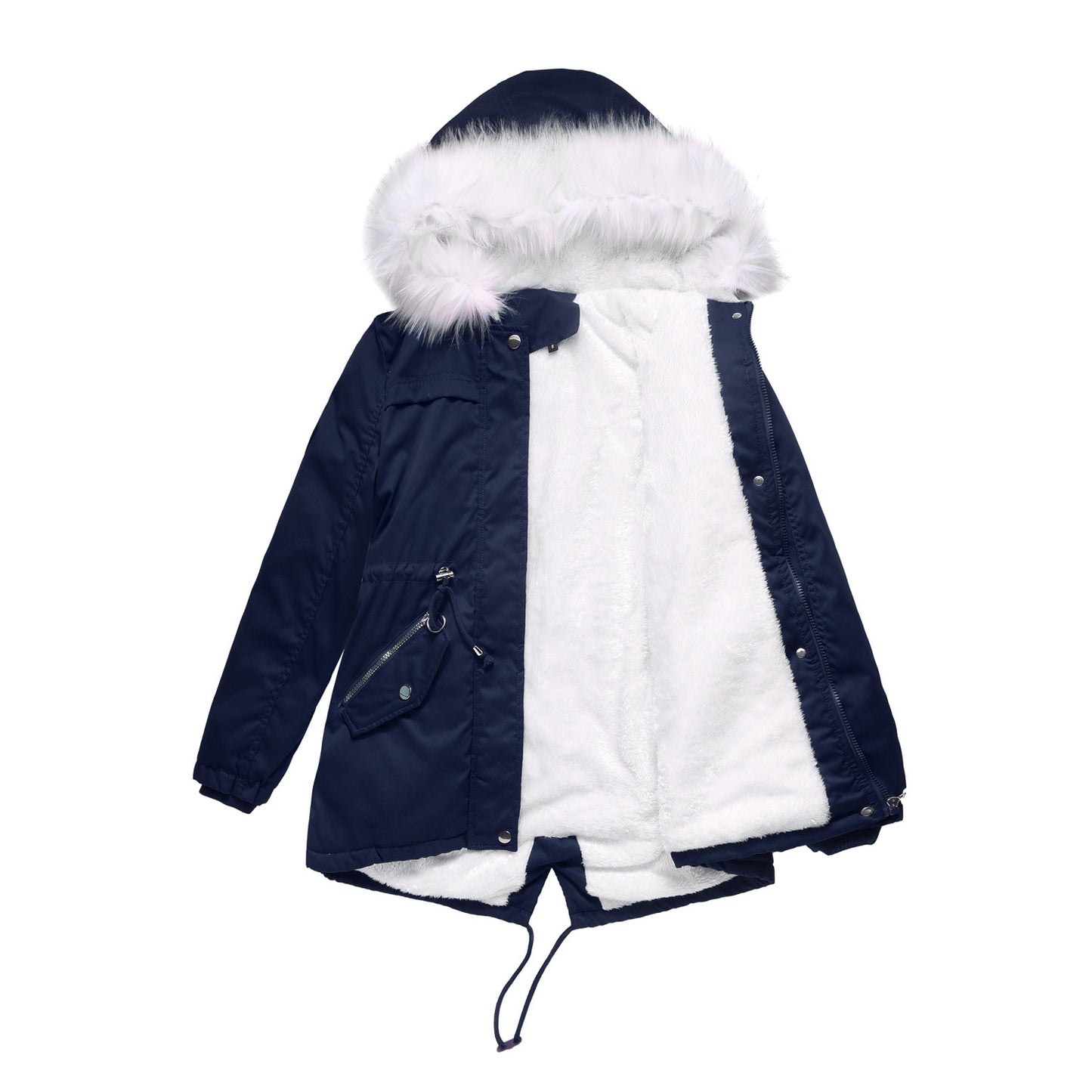 Mid-Length Fleece Lined Coat with Fur Collar