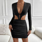 Pleated Sexy Deep V Plunge Neck Dress