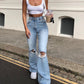 Stretch Slim Knee Hole Bell-Bottom Pants