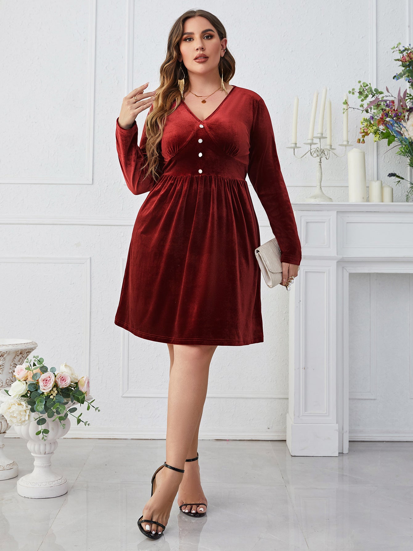 Dark Red V neck High Waist Dress