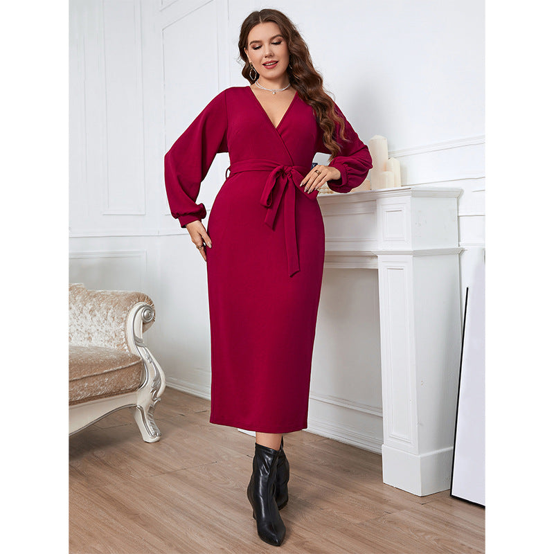 Long Sleeved Red V Neck Dress