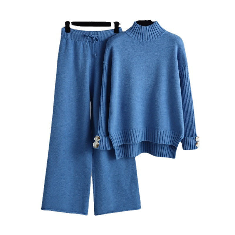 High Collar Solid Knit Set