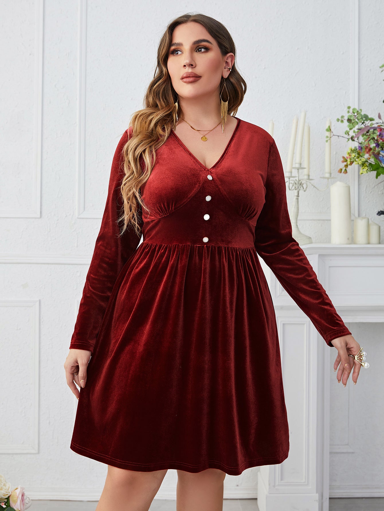 Dark Red V neck High Waist Dress