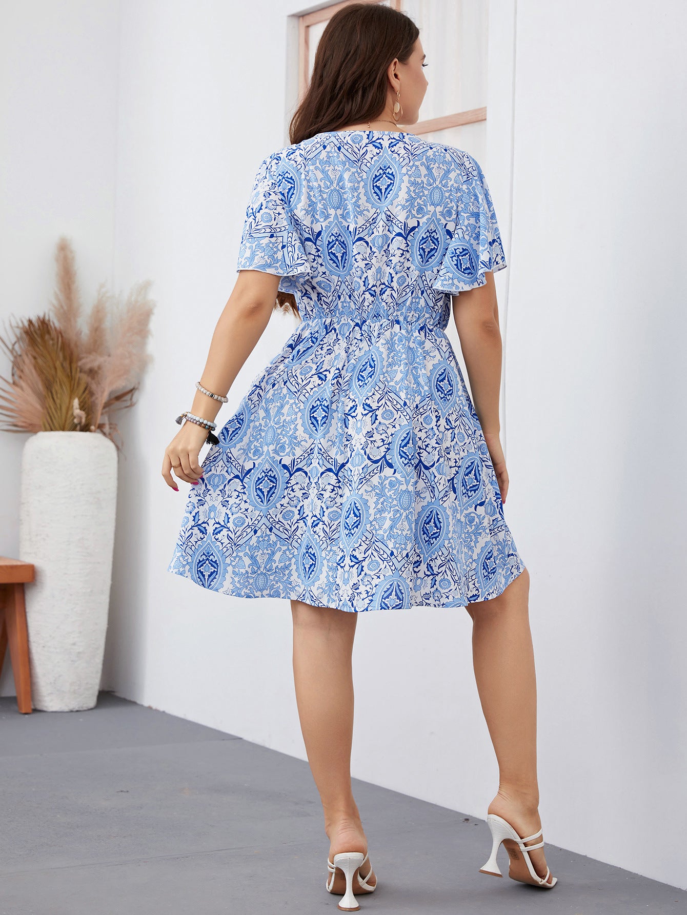 Plus Size Short Sleeve Blue Printed Dress