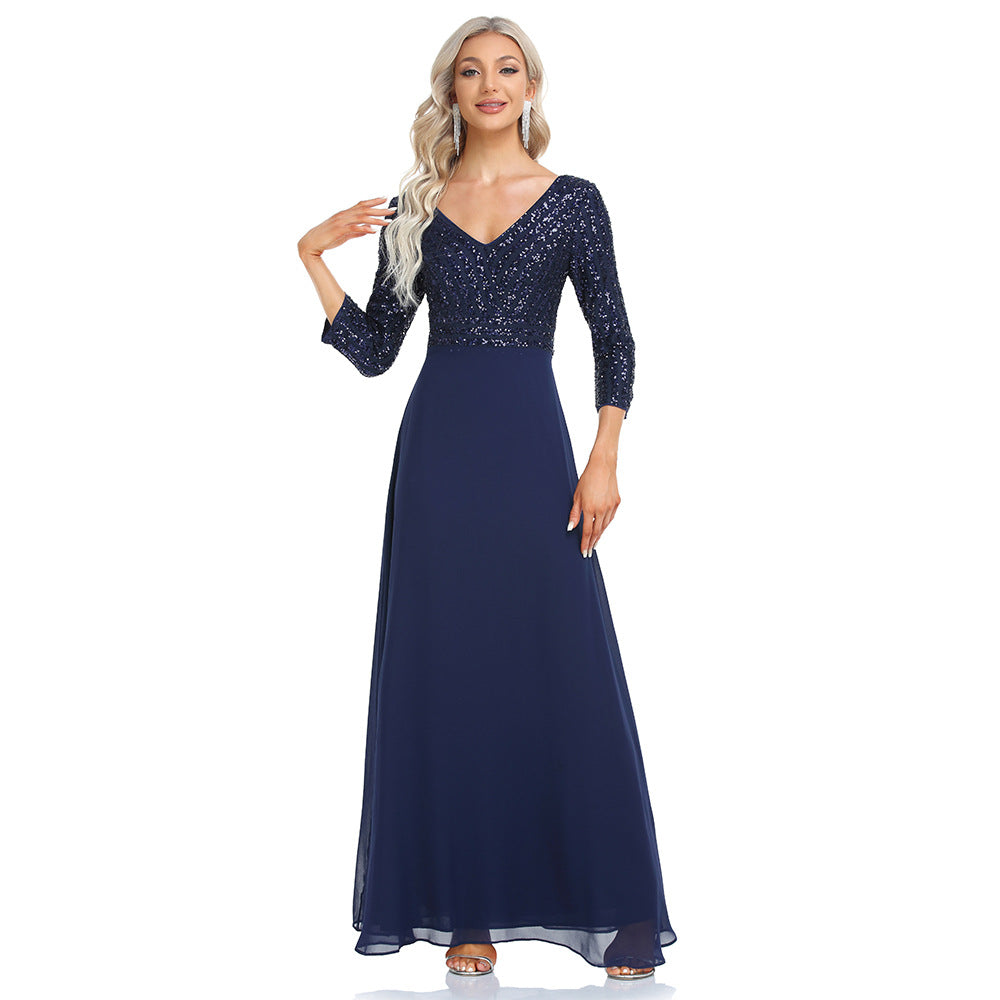 Melinda Navy Blue A line Sequin Gown