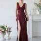 Burgundy Elegant Sequined Formal Gown