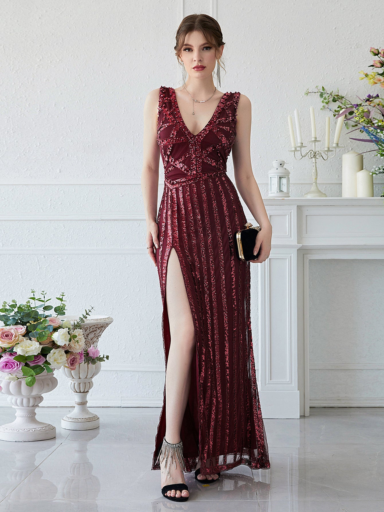 Burgundy Elegant Sequined Formal Gown