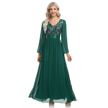 Azra Chiffon V Neck Long Sleeve Gown