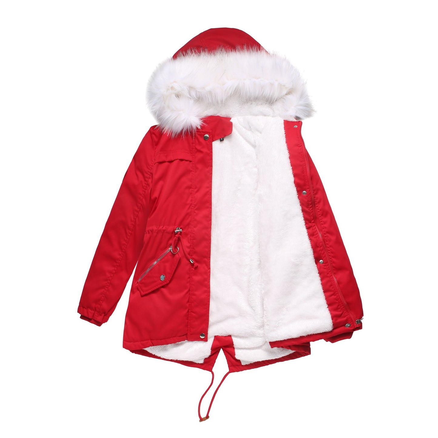 Mid-Length Fleece Lined Coat with Fur Collar