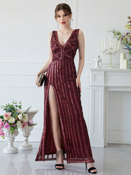 Burgundy Elegant Sequined Formal Gown