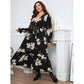 Elegant Printed V neck Petal Sleeve Dress