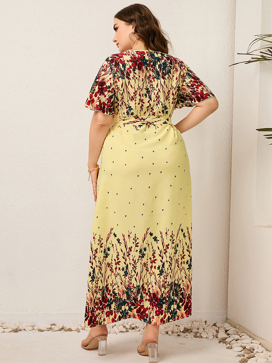 Kendra Plus Size Printed V-neck Lace up Dess