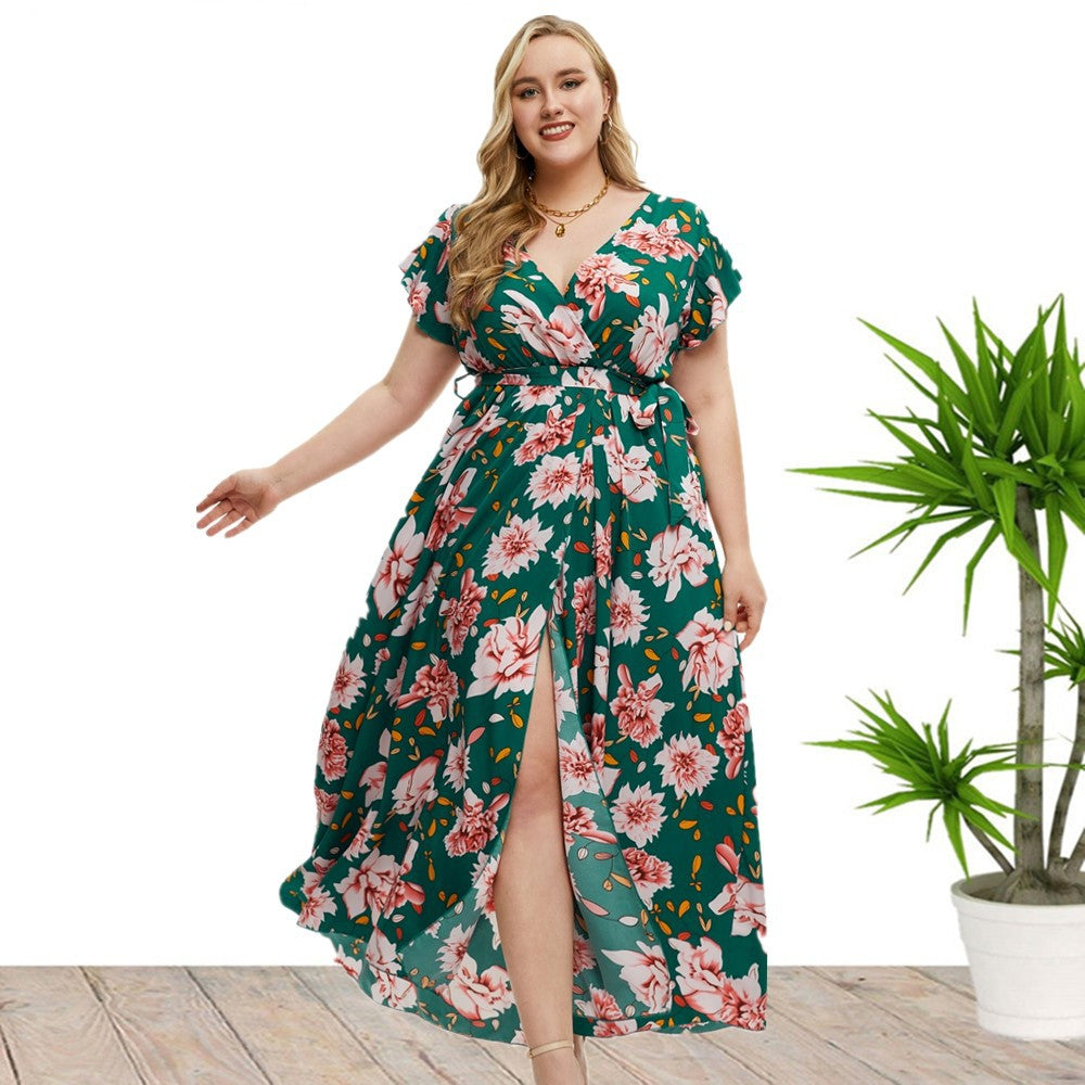 Plus Size Short Sleeve Floral Print Slit Dress