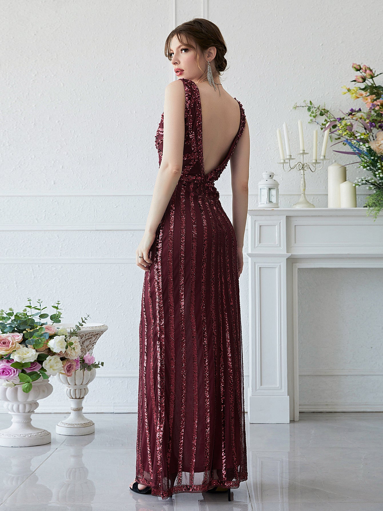 Burgundy Elegant Sequined Formal Gown