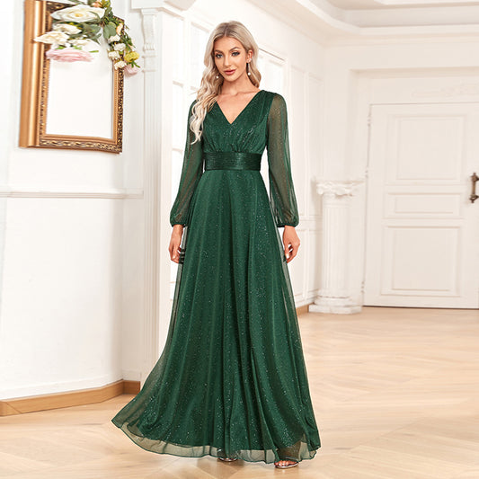 Jacqueline Elegant Green V Neck Long Sleeves Gown