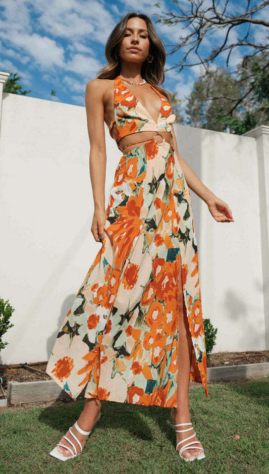 V neck Halter Backless High Split Maxi Dress