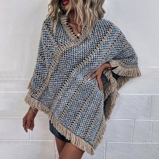 Contrast Color Striped Poncho Shawl