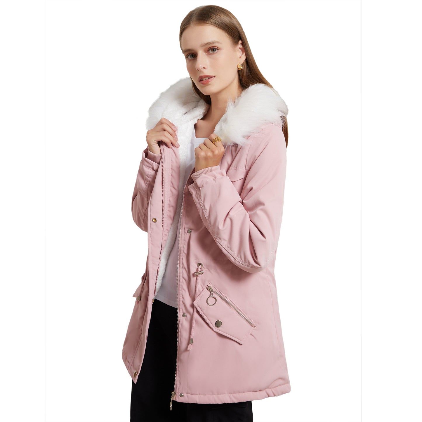 Mid-Length Fleece Lined Coat with Fur Collar