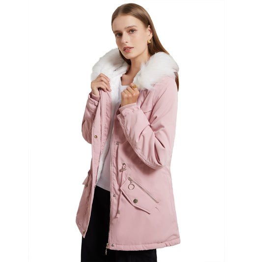 Mid-Length Fleece Lined Coat with Fur Collar