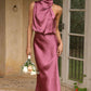 Sleeveless Halter Solid Color Satin Dress