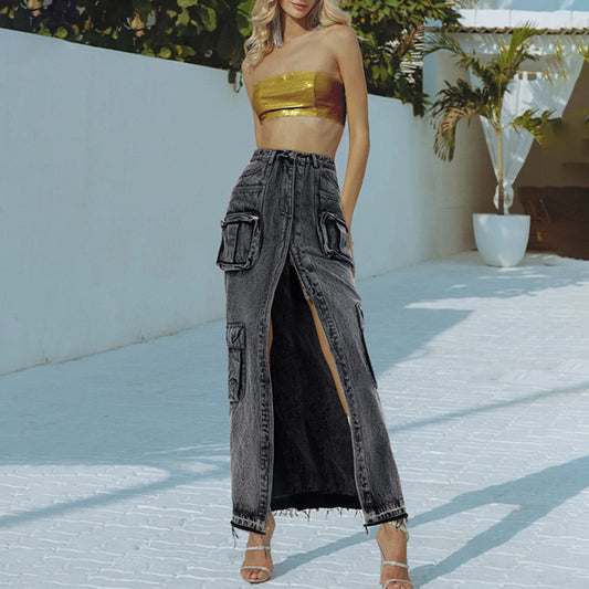 Anita Sexy Long Front Slit Denim Skirt