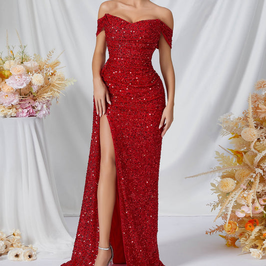 Red Sequined High Slit Gown