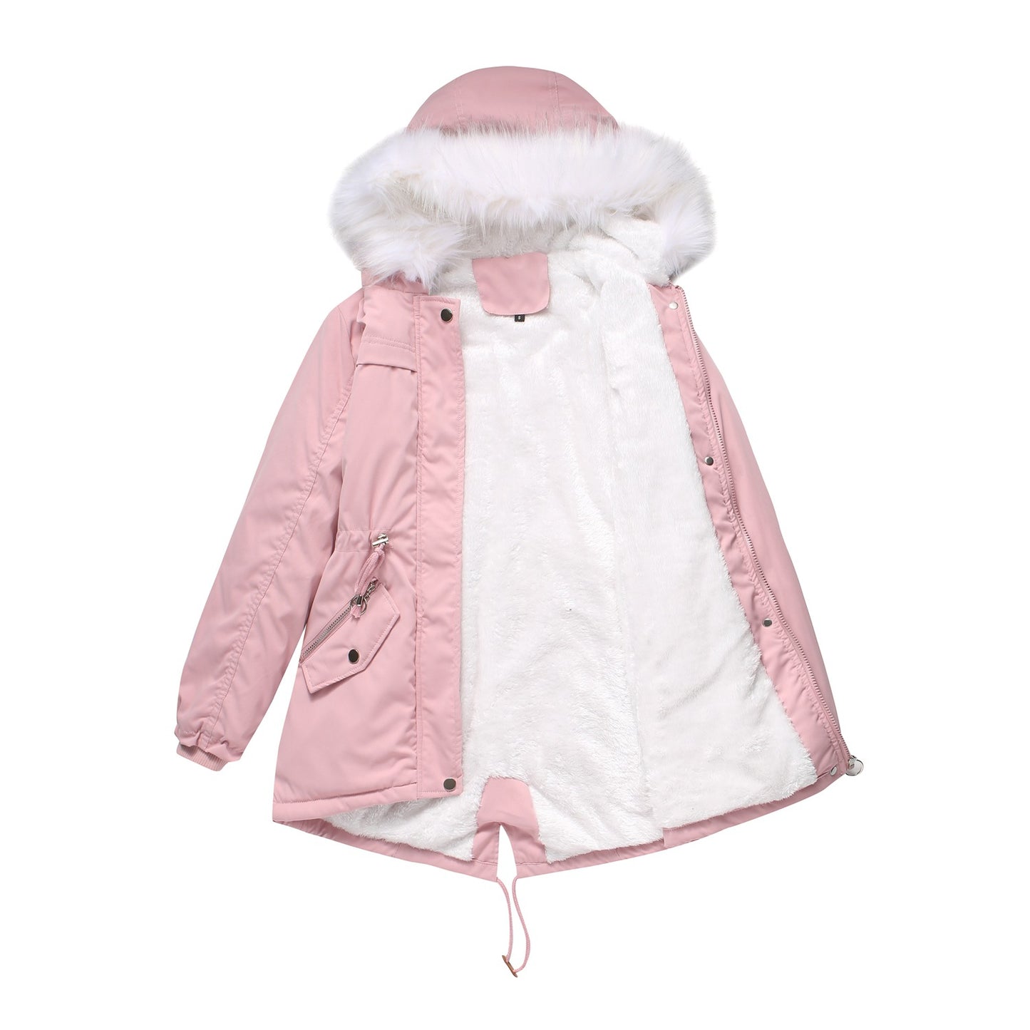 Mid-Length Fleece Lined Coat with Fur Collar