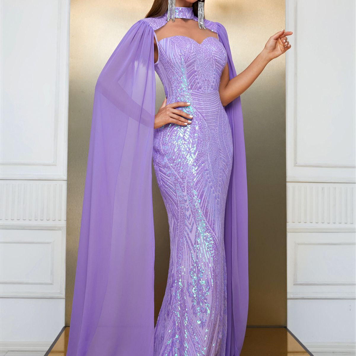 Lilac Sequined Halter Sleeves Formal Gown