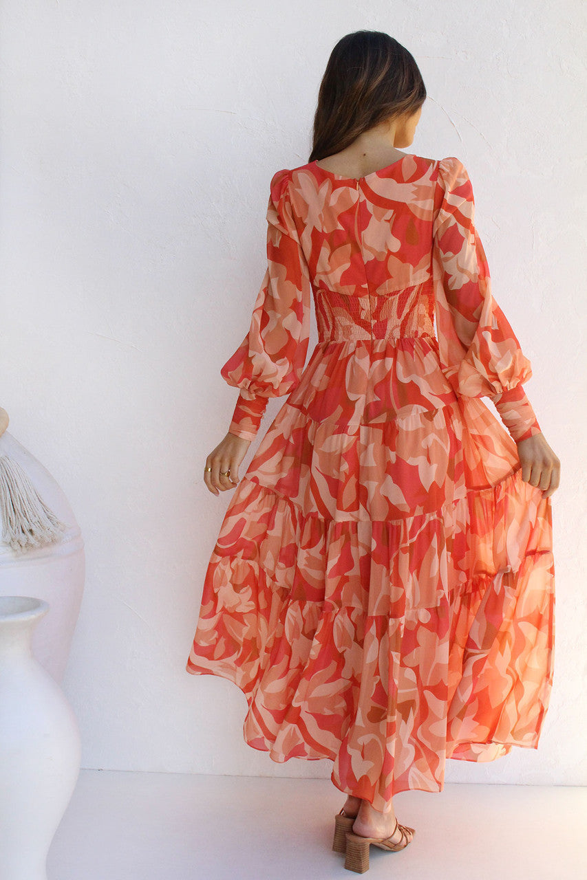 Casual Printed Long Sleeve V Neck Maxi Dress
