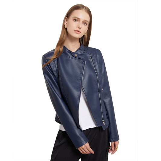 Faux Leather Collared Slim-Fit Jacket