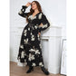 Elegant Printed V neck Petal Sleeve Dress