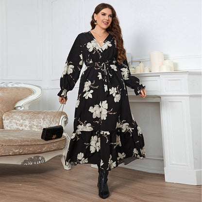 Elegant Printed V neck Petal Sleeve Dress