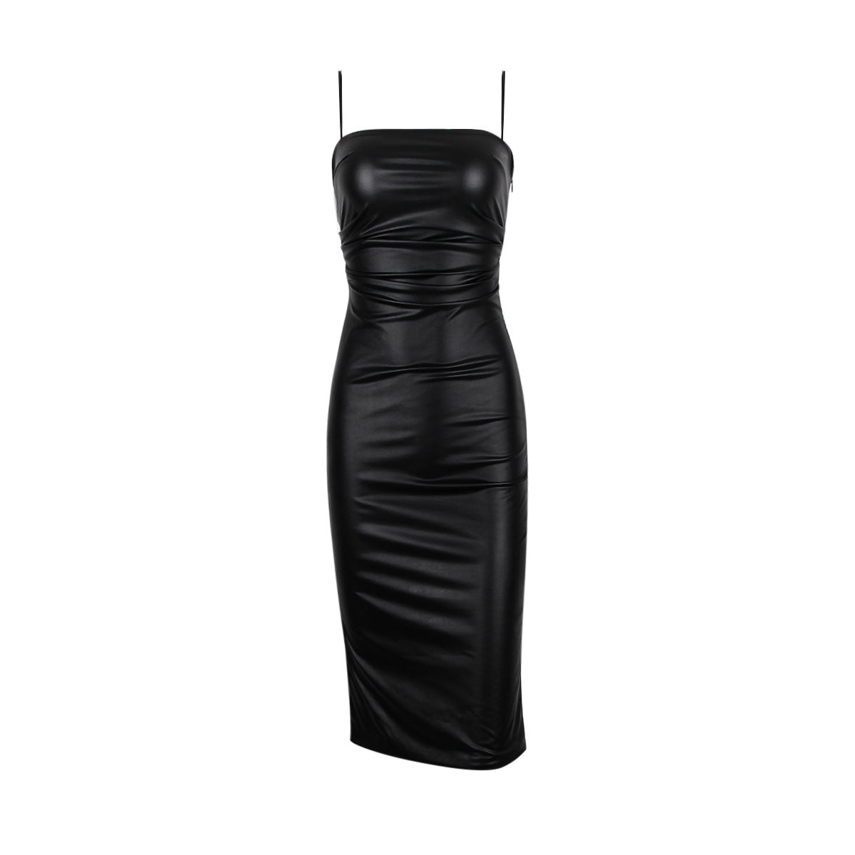Black Faux Leather Midi Knee Length Dress