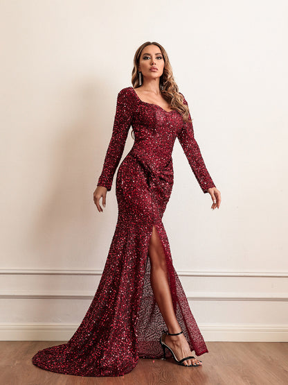 Mayuri Long Sleeve Sequined Evening Gown