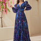 Chiffon Long Sleeve V Neck Printed Blue Gown