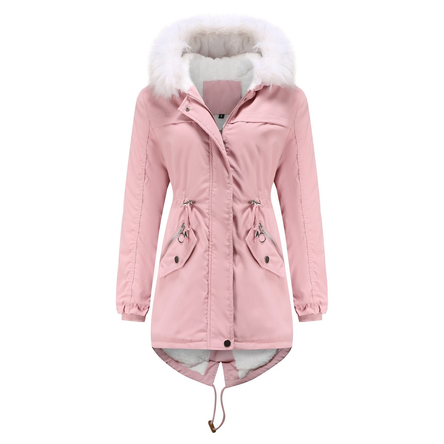 Mid-Length Fleece Lined Coat with Fur Collar