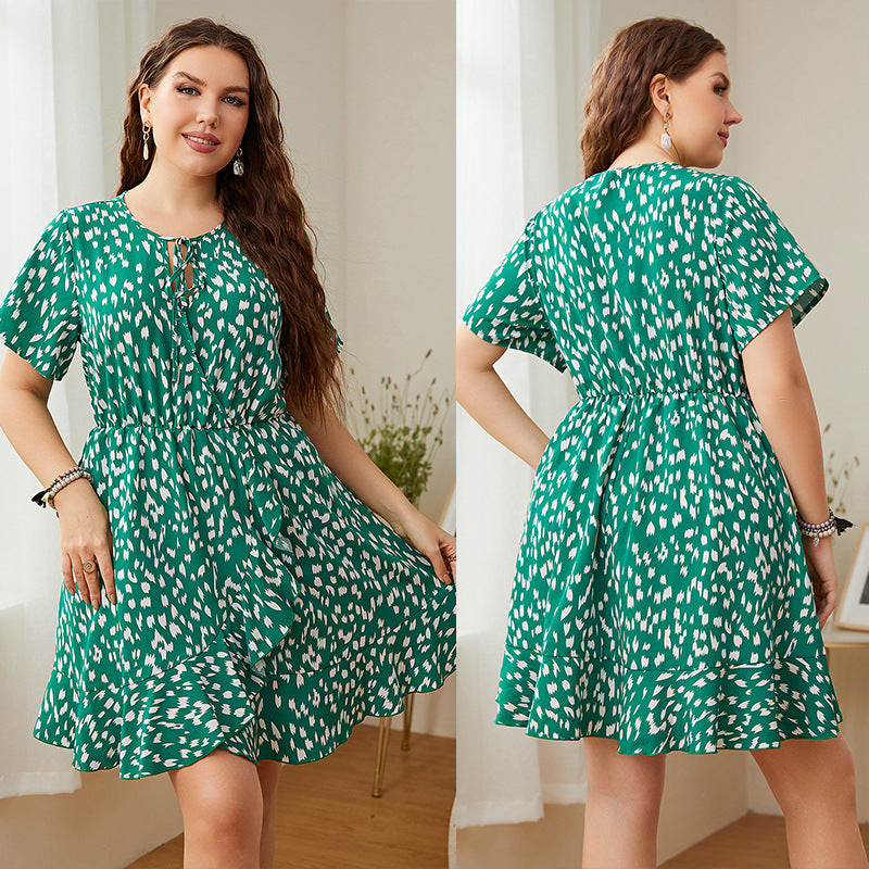 Plus Size Short Sleeve Green Printed Dress