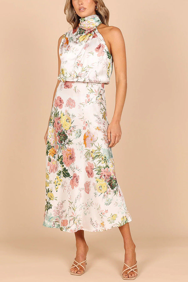 Sleeveless Halter Printed Satin Dress